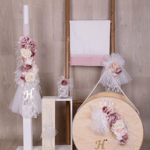 Βαπτιστικό Πακέτο για κορίτσι με λουλούδια και ξύλινο κουτί Ε605